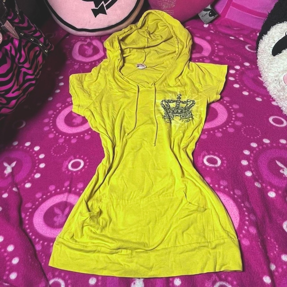 Y2k Yellow Grunge Hooded Short Sleeve Top Size Large Bling Bling - Picture 4 of 8